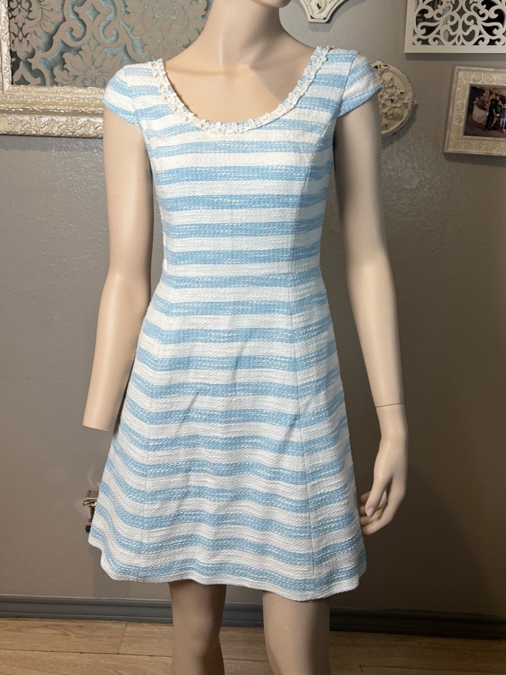 Lilly Pulitzer Light Blue and White Striped Cap-Sleeve Tweed Dress - Picture 1 of 12